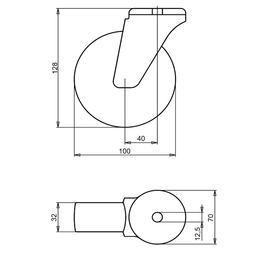 Estándar Rueda giratoria + Banda de rodadura de poliuretano moldeado por inyección Ø100 x W32mm para 150kg Prod ID: 41154