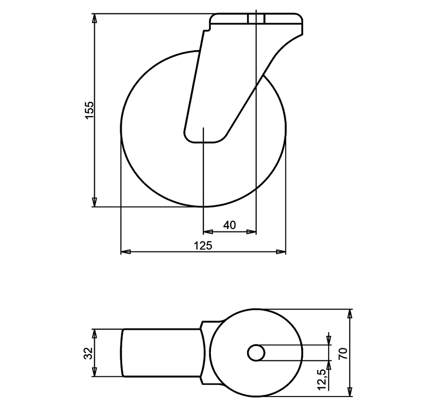 Vrtljivo kolo 125 mm, poliuretan, valjčni ležaj, pritrdilna luknja 12,5 mm, 200 kg, Šifra 2-084-25V