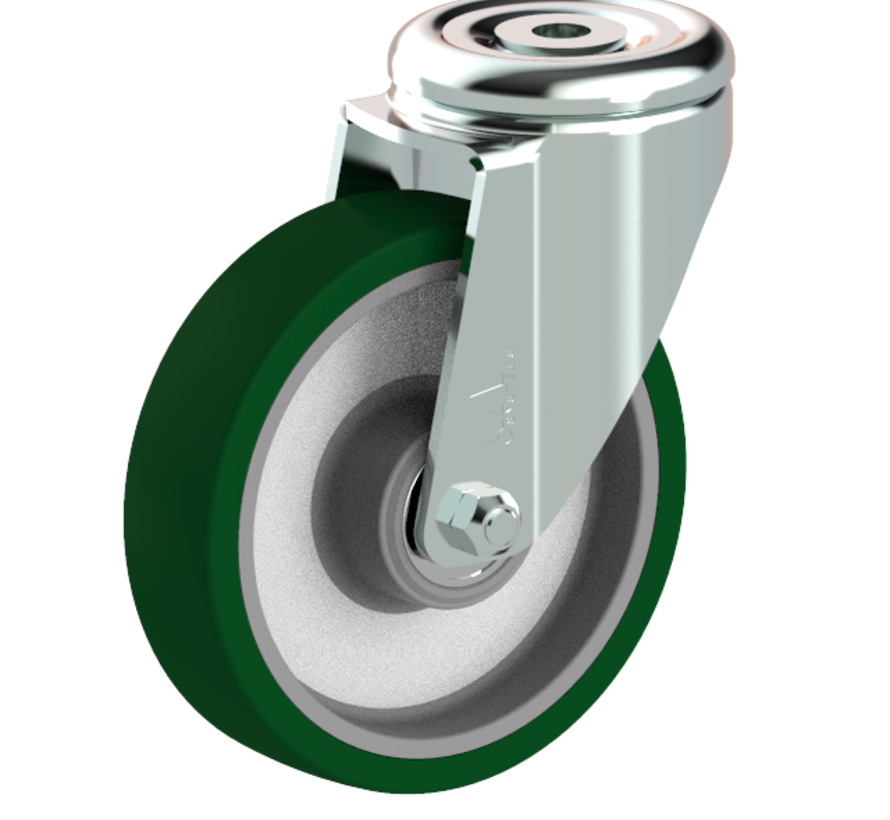 Swivel castor + injection-moulded polyurethane tread Ø125 x W32mm for 200kg Prod ID: 41164