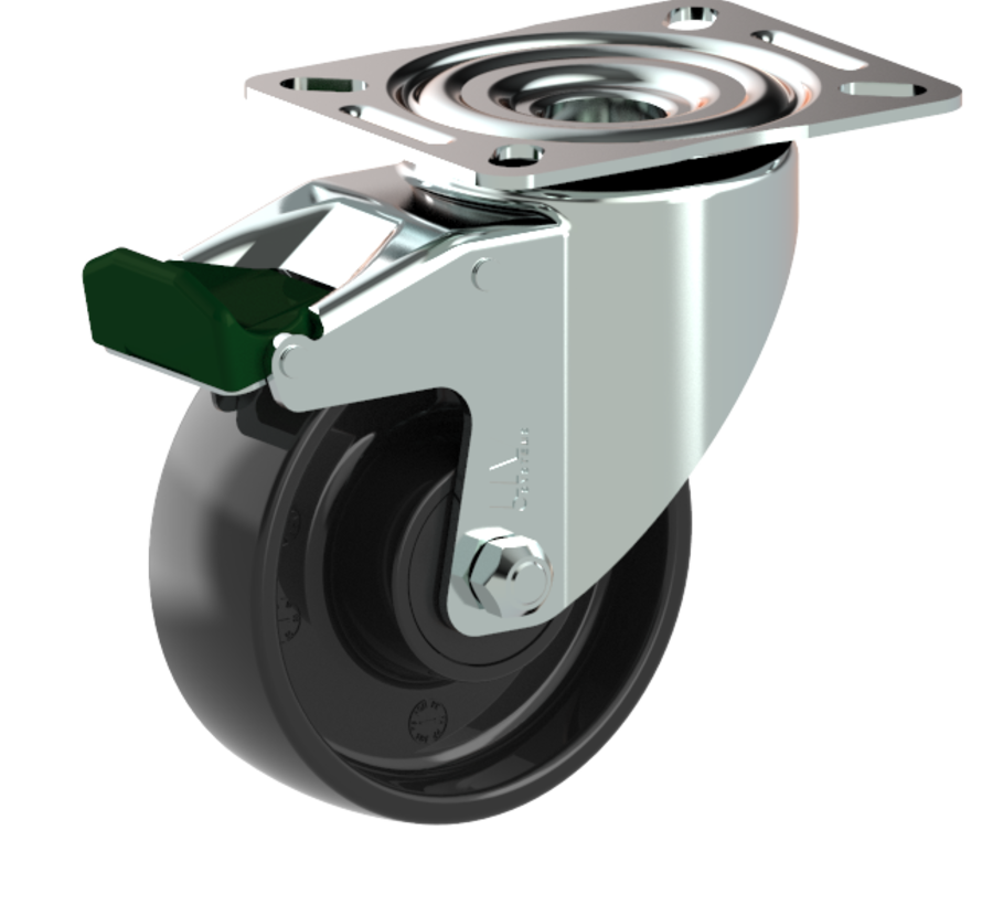 Swivel castor with brake + solid polypropylene wheel Ø100 x W38mm for 200kg Prod ID: 42815