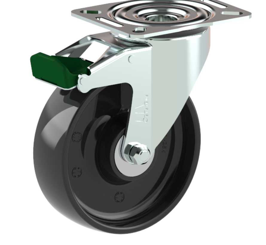 Estándar Rueda giratoria con freno + rueda de poliamida maciza Ø125 x W35mm para 250kg Prod ID: 42844