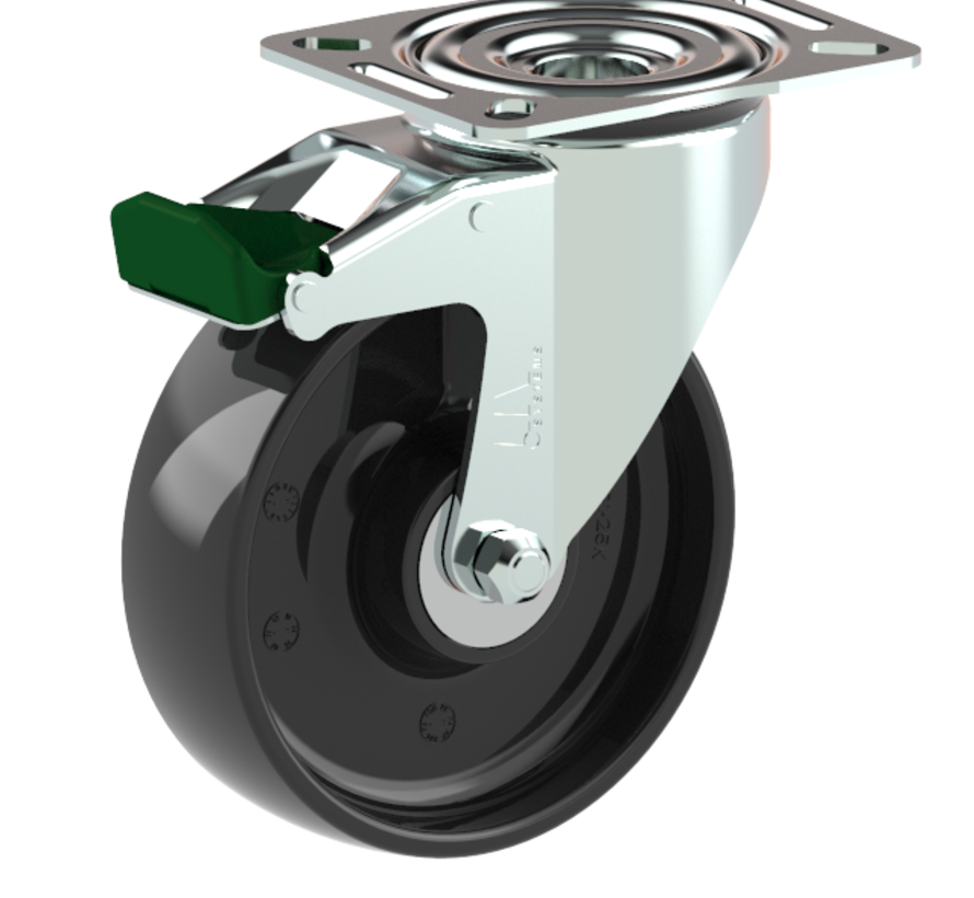 standard Swivel castor with brake + solid polyamide wheel Ø125 x W35mm for  250kg Prod ID: 42844