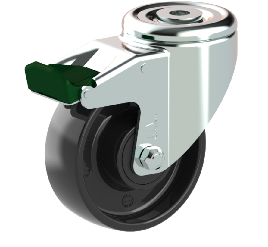 Swivel castor with total brake 100 mm, polypropylene, ball bearing, bolt hole 12.5 mm, 125 kg, Art. 2-789-20K, wheel centre black