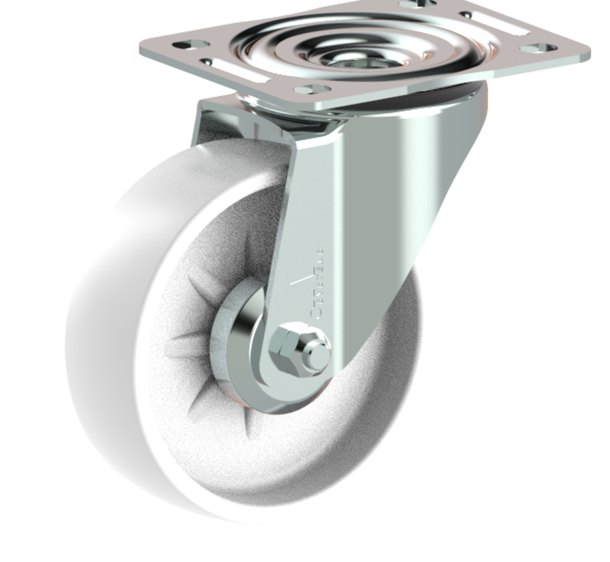 Swivel castor 108 mm, polypropylene, roller bearing, plate 105x85 mm, 150 kg, Art. 2-715 ISO, wheel centre white