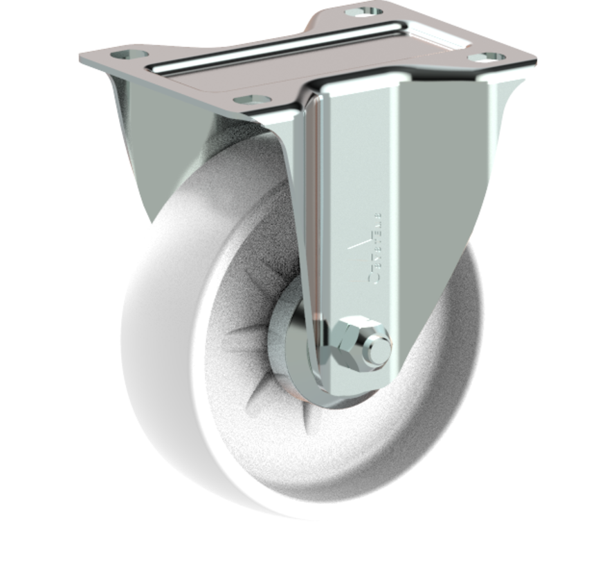 Rueda fija 108 mm, polipropileno, rodamiento de rodillos, platina 105x85 mm, 150 kg, Ref. 2-716 ISO, centro de rueda blanco