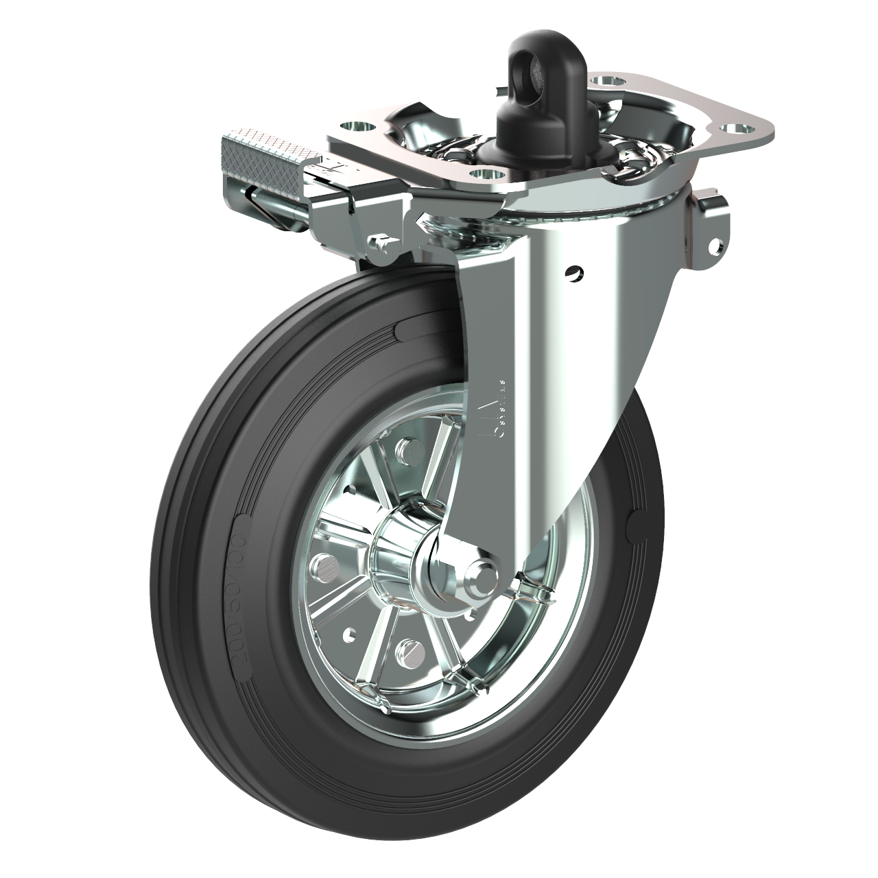 Container castor with central brake. The cam connects to the brake rod and offers easy braking and release.