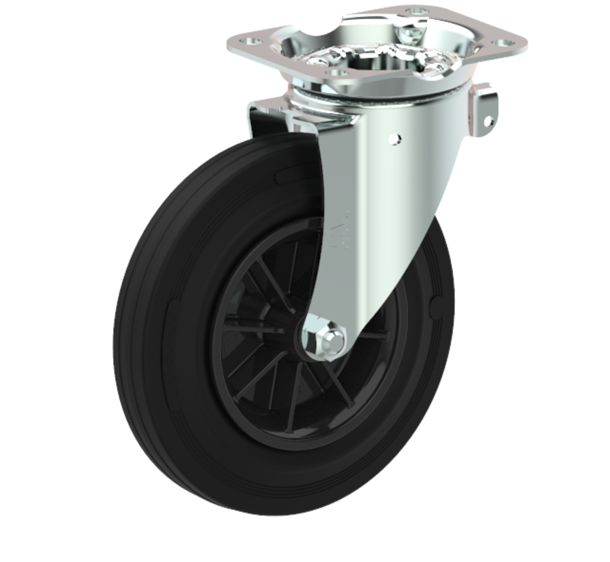 Waste container swivel castor, black rubber tyre Ø160 x 40 mm, 200 kg, plain bearing on polypropylene centre