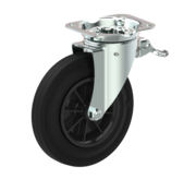 LIV SYSTEMS Swivel castor with total brake, black rubber tyre Ø160 x 40 mm, 200 kg, roller bearing, PP centre