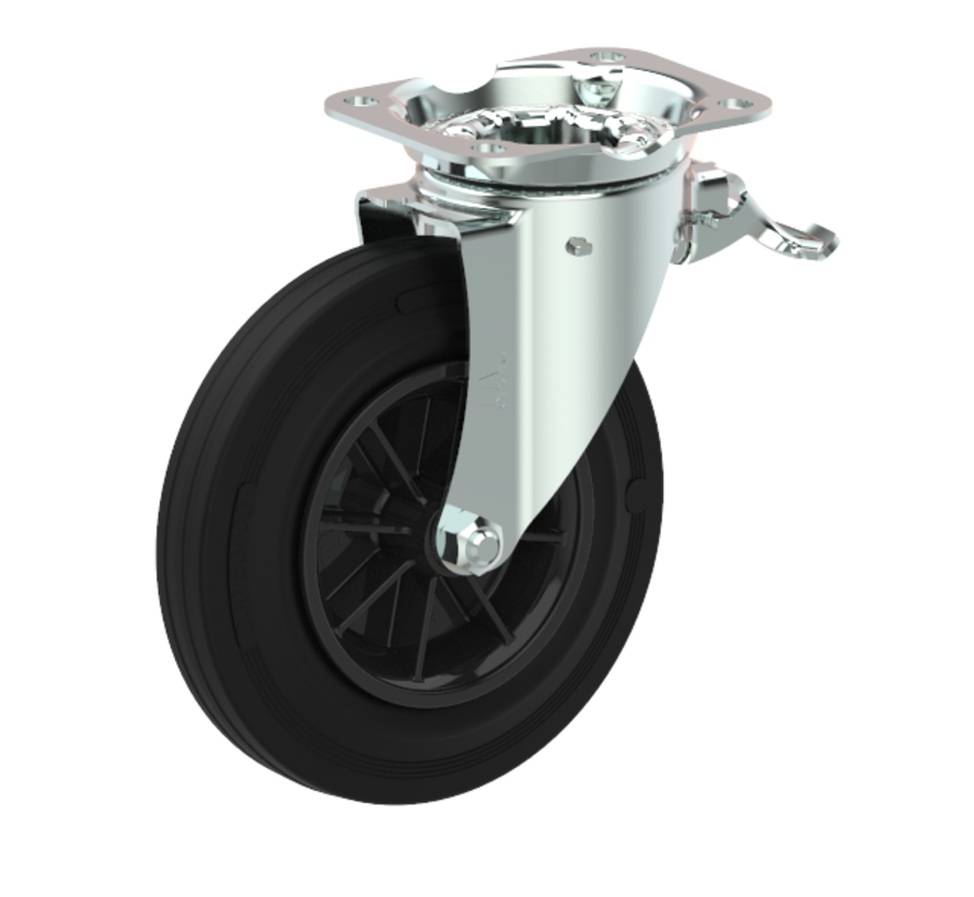 Swivel castor with brake + black rubber tread Ø200 x W50mm for 250kg Prod ID: 44793