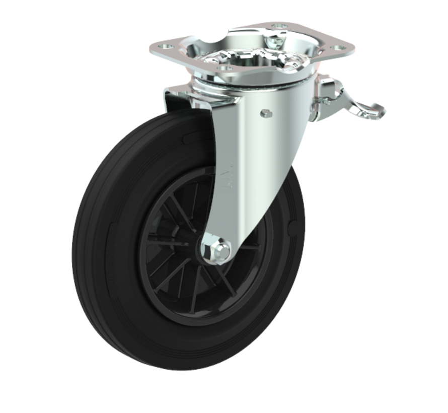 waste bin castors Swivel castor with brake + black rubber tyre Ø200 x W50mm for  250kg Prod ID: 44762