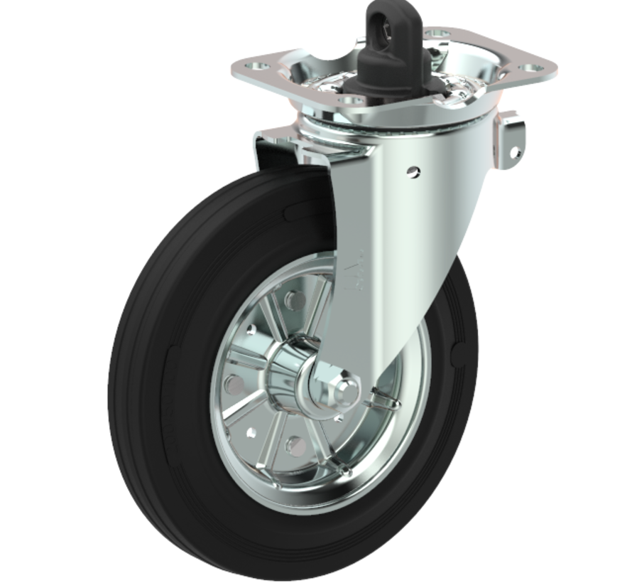 waste bin castors Swivel castor with brake + black rubber tyre Ø160 x W40mm for  200kg Prod ID: 44788