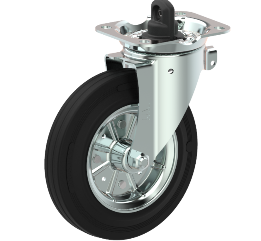 waste bin castors Swivel castor with brake + black rubber tyre Ø160 x W40mm for  200kg Prod ID: 44339