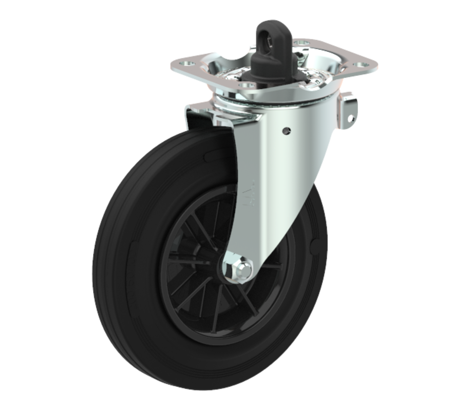 waste bin castors Swivel castor with brake + black rubber tyre Ø160 x W40mm for  200kg Prod ID: 44789