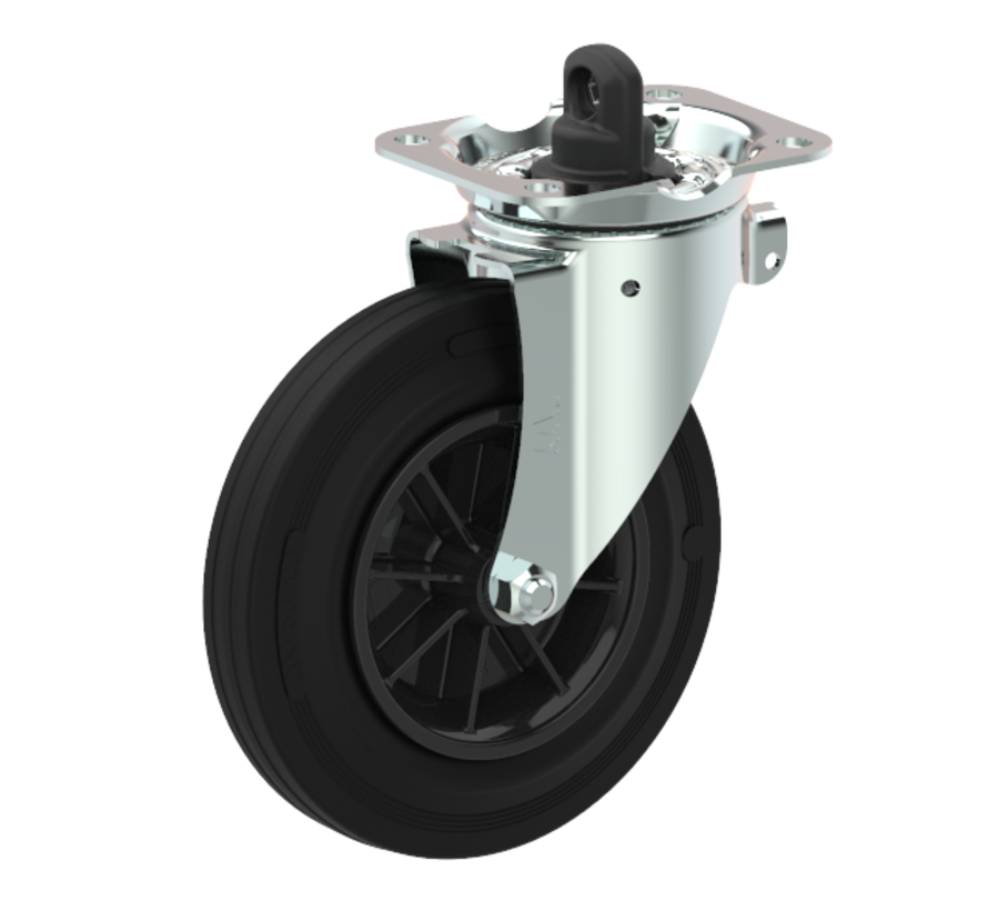 Swivel castor with brake + black rubber tread Ø200 x W50mm for 250kg Prod ID: 44795