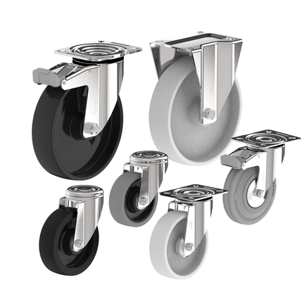 Stainless steel wheels and castors, 80 to 200 mm