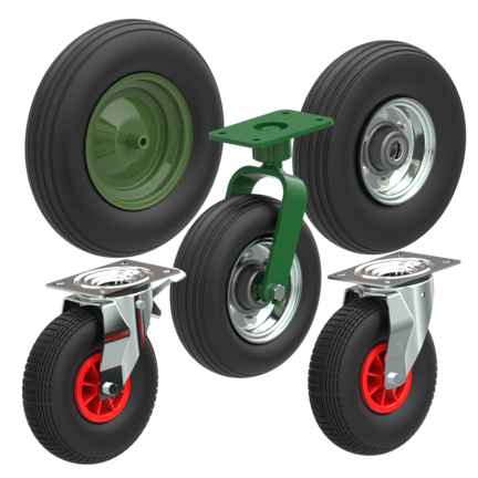 Pneumatic tyre wheels and castors, 200 to 400 mm