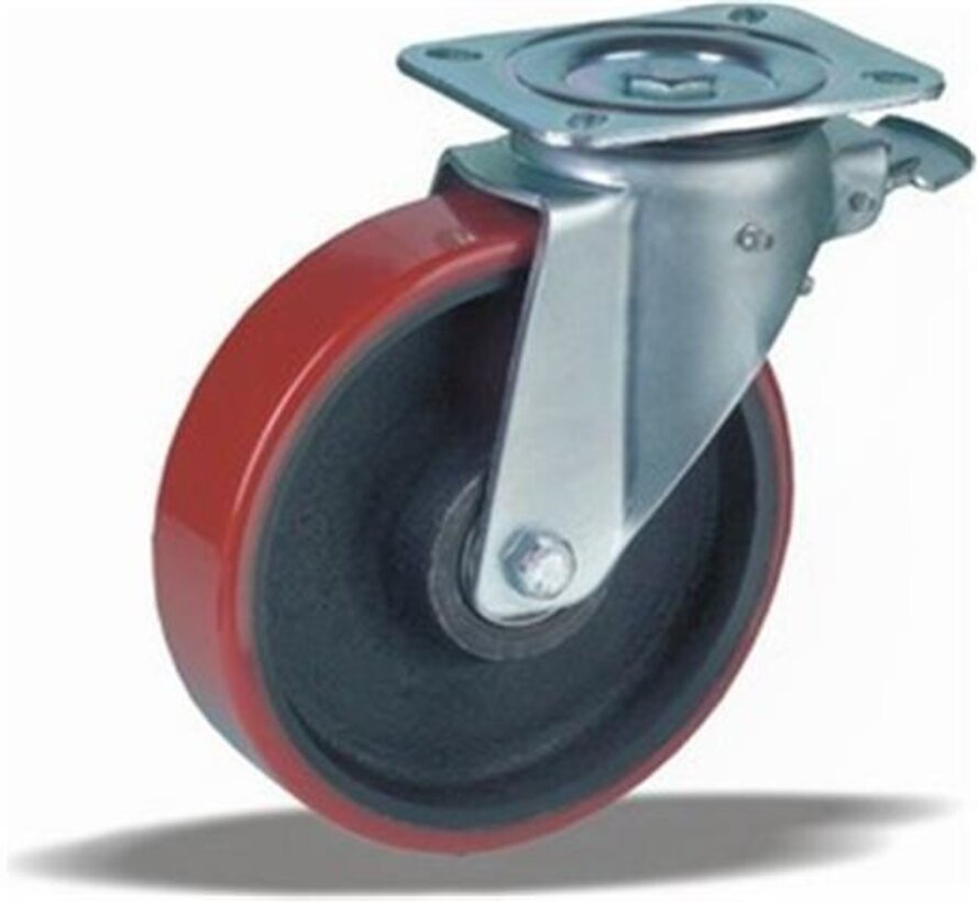 Heavy duty swivel castor with total brake 200 mm, polyurethane, ball bearing, plate 140x110 mm, 1000 kg, Art. 2-143-40K