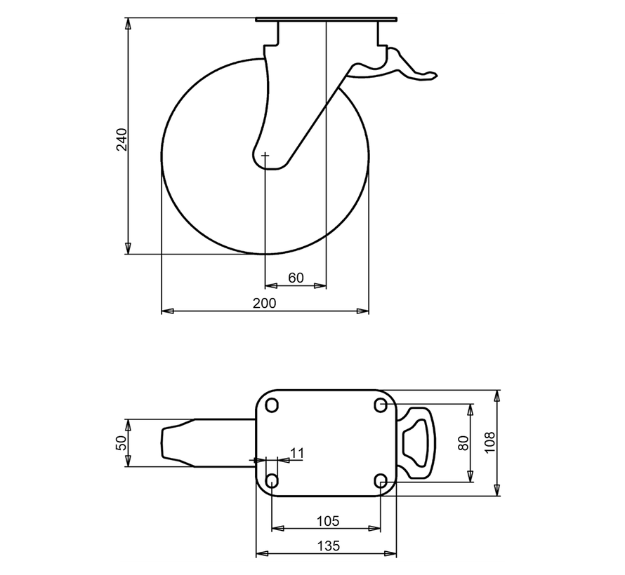 waste bin castors Swivel castor with brake + black rubber tyre Ø200 x W50mm for  350kg Prod ID: 47121