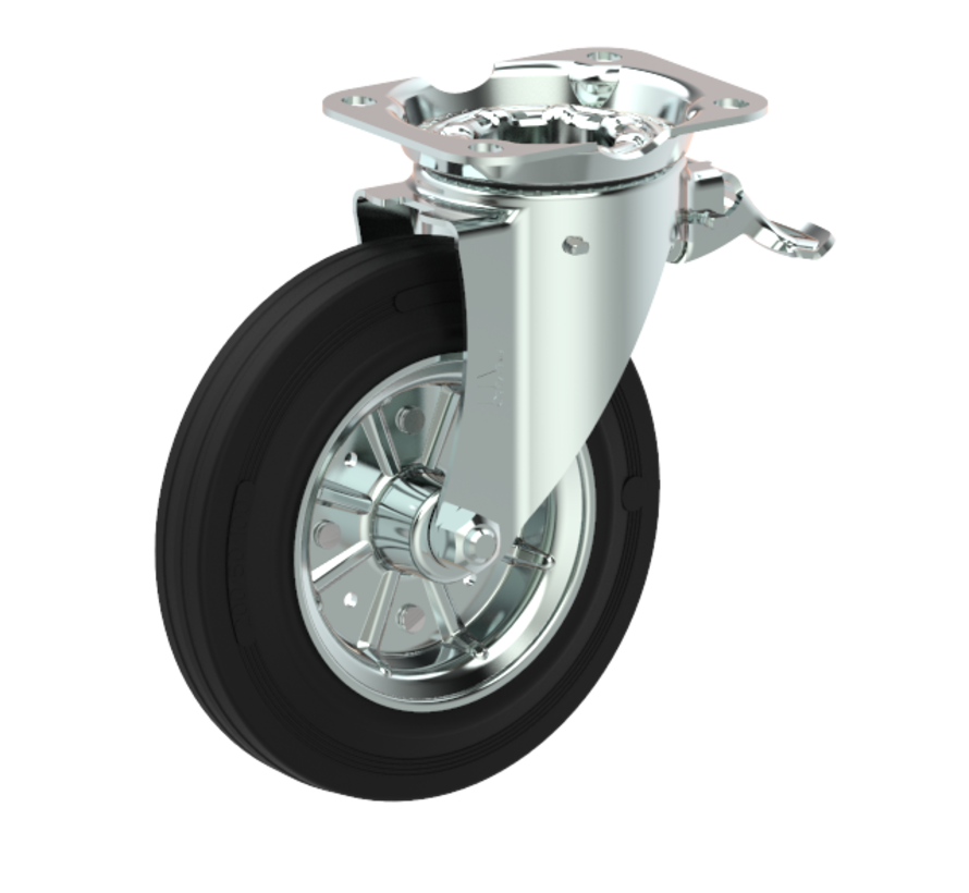 Swivel castor with brake + black rubber tread Ø200 x W50mm for 250kg Prod ID: 44792 - Copy