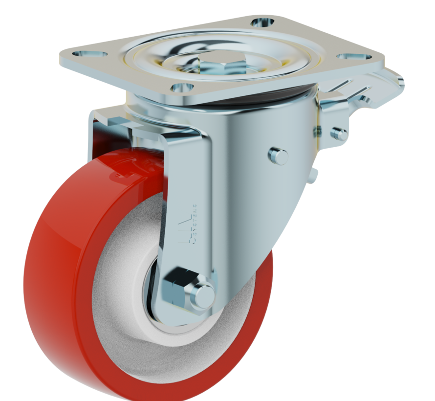 Heavy duty swivel castor with total brake 125 mm, polyurethane, ball bearing, plate 135x110 mm, 500 kg, Art. 2-153-25K