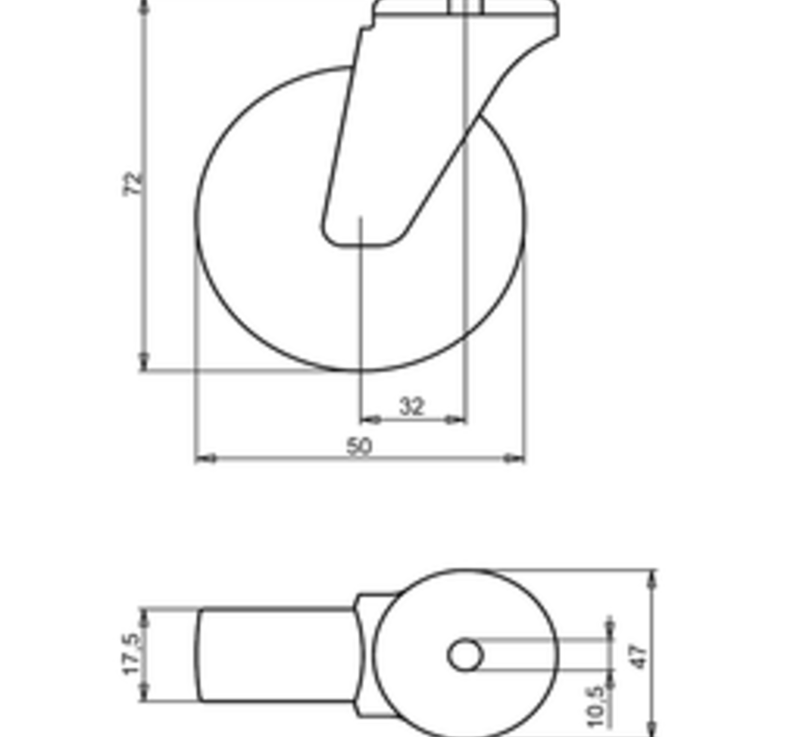 Furniture swivel castor 50 mm, polyamide, plain bearing, bolt hole 10.5 mm, 80 kg, Art. 2-846B20