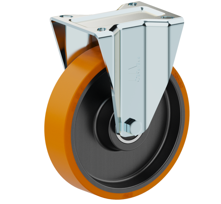 Fixed castor + injection-moulded polyurethane tread Ø160 x W50mm for 600kg Prod ID: 42443