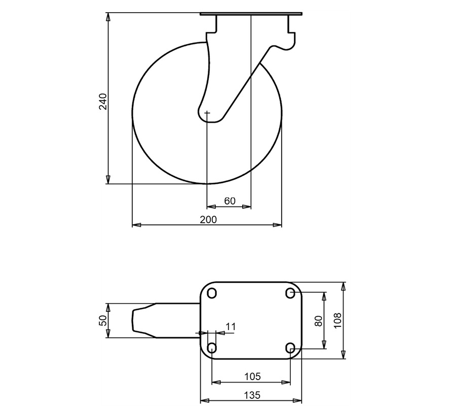 Roulette pivotante 200 mm pour conteneur à déchets, caoutchouc noir, palier lisse, platine 135x108 mm, 250 kg, jante en acier, Réf. 2-020-G11, ID 48512