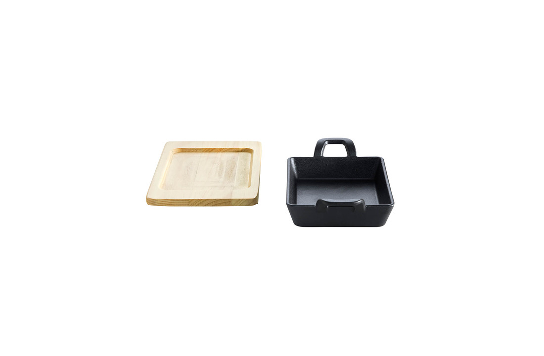 Gietijzeren pan met handvat en onderzetter 14,5 x 14,5 x 3,5 cm