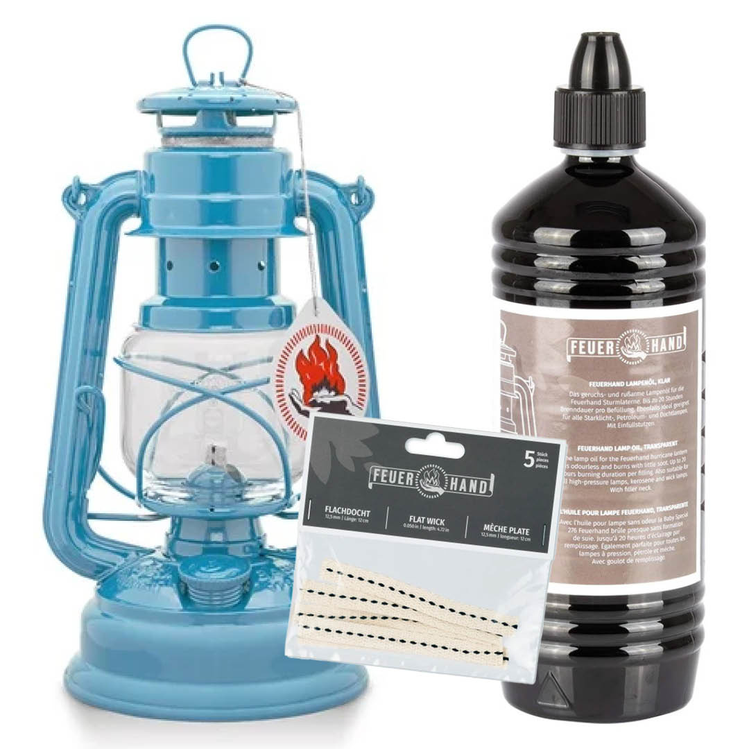 Feuerhand Stormlamp 276 Pastel Blauw Set