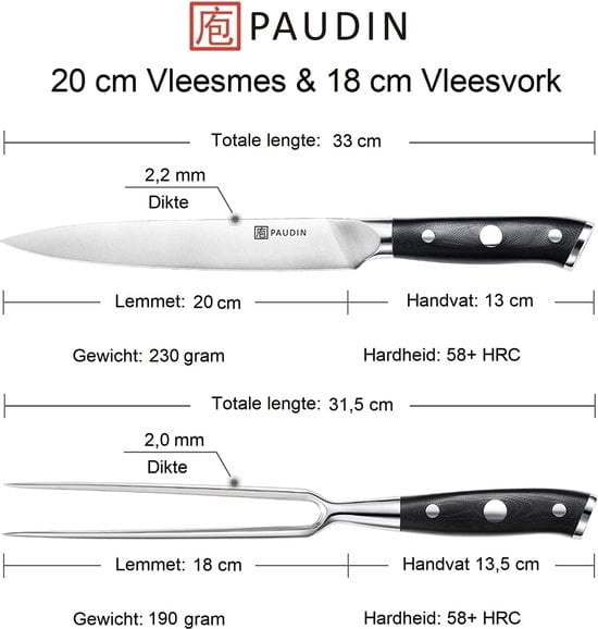 Paudin D9 Vleesmes en Vork 20 cm – Ultra Dark