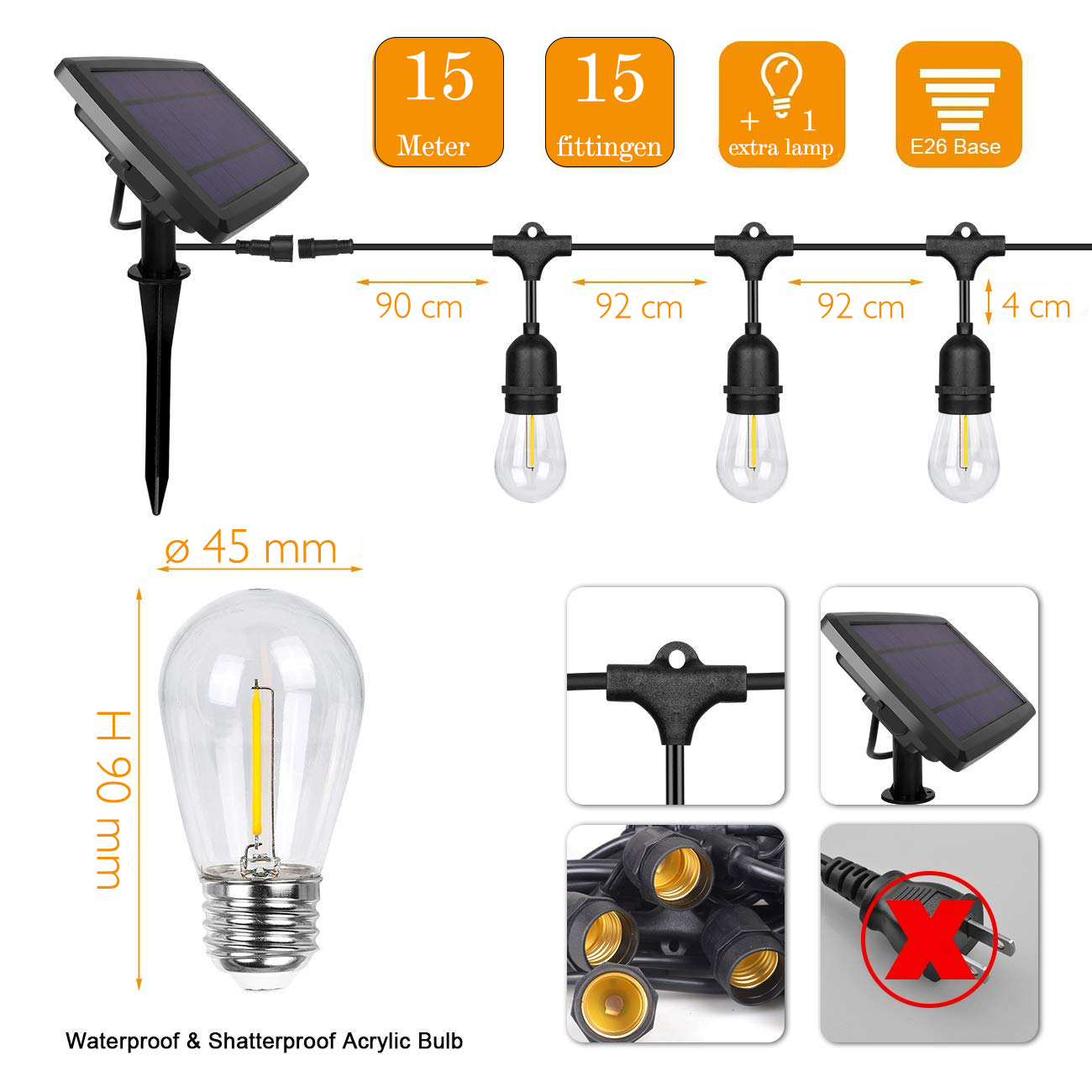 Amlux Solar lichtslinger 15 meter met 15 led lampen - 3W