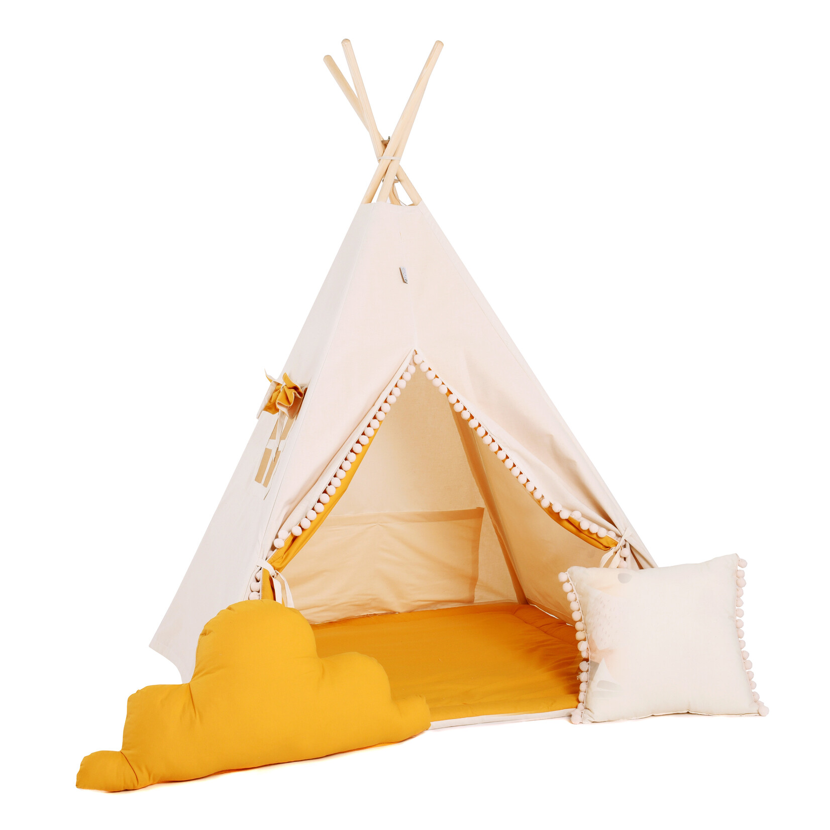 Tente TIPI Beige avec pompons colorés + 2 oreillers et tapis de jeu