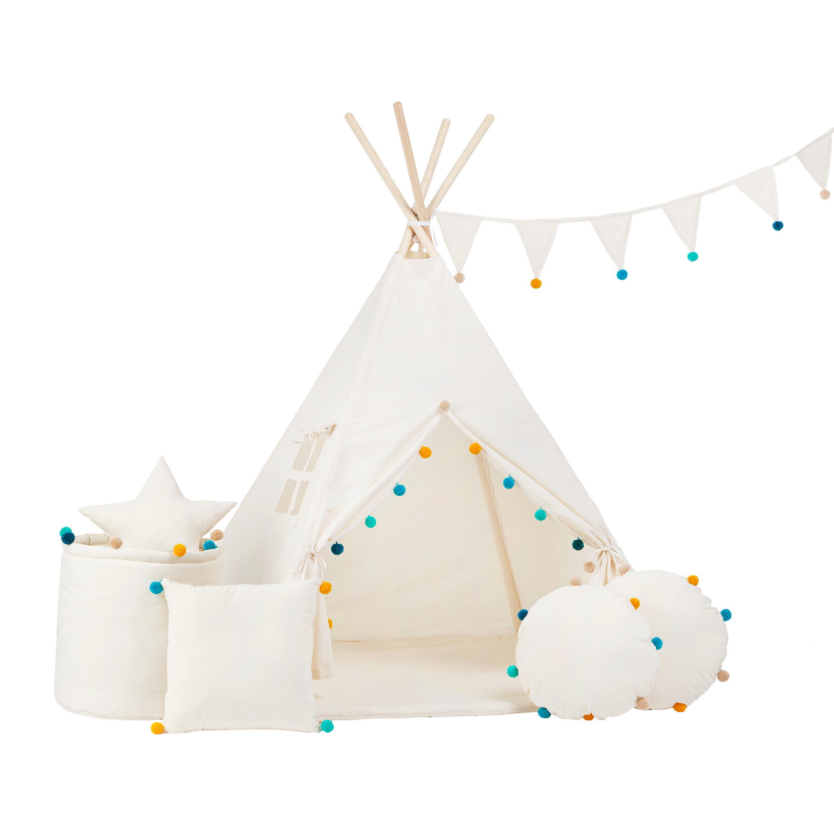 Sowka TIPI tent Beige met gekleurde pompons  + mat en 2 kussens