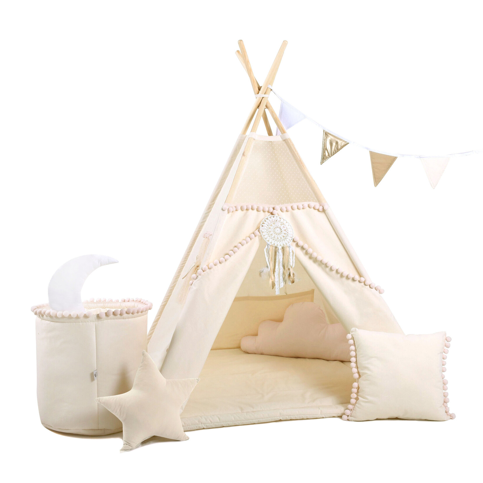 Sowka XXL Set TIPI tent Beige Boho met pompons