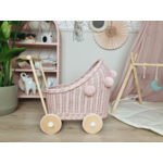 Wiklibox Rieten poppenwagen met pompons  Roze