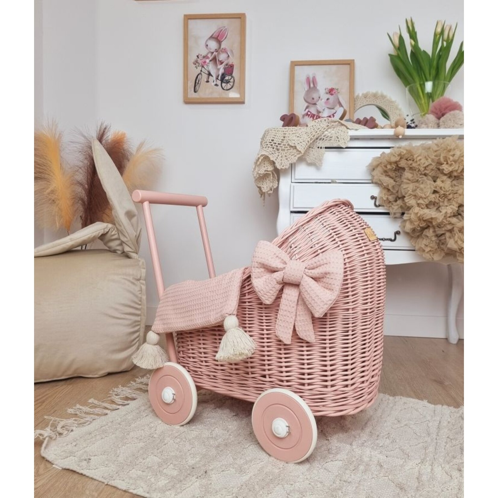 Wiklibox Poppenwagen Roze met roze dekens