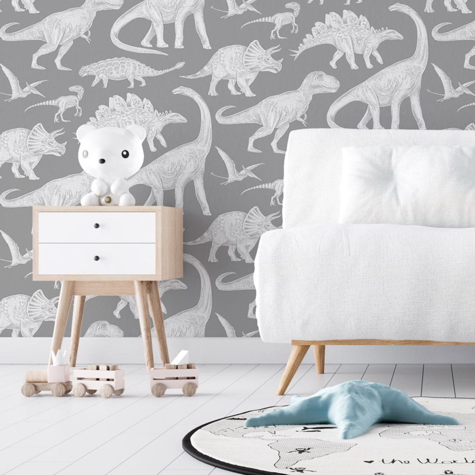 Pastelowe Love Behang - Dino Gray - 2,8 m strook