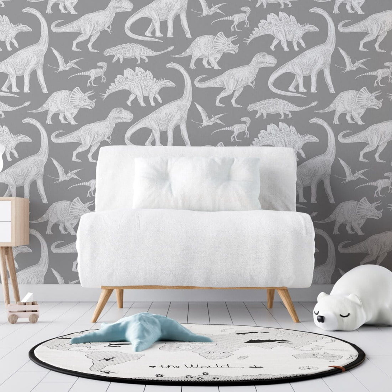 Pastelowe Love Behang - Dino Gray - 2,8 m strook