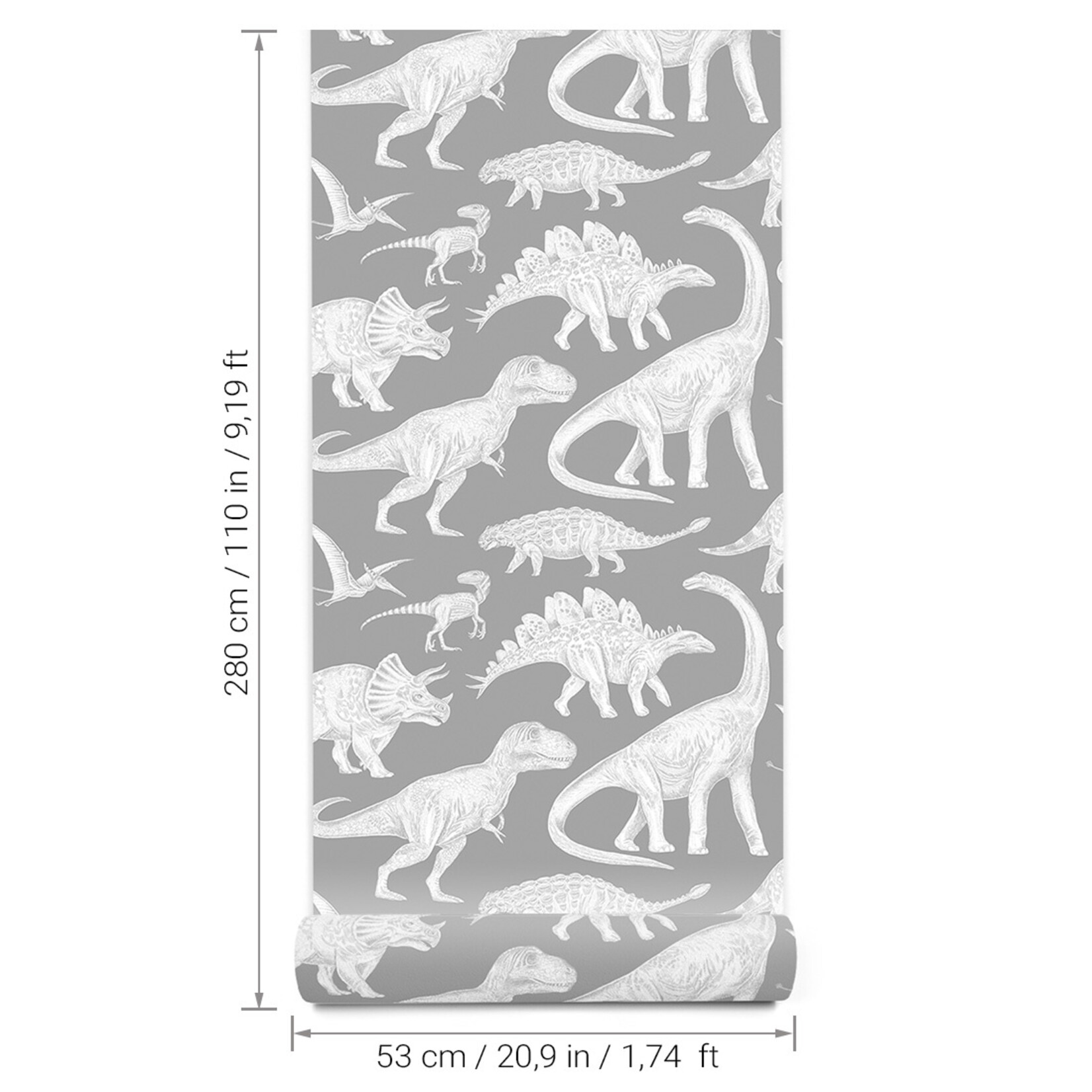 Pastelowe Love Behang - Dino Gray - 2,8 m strook