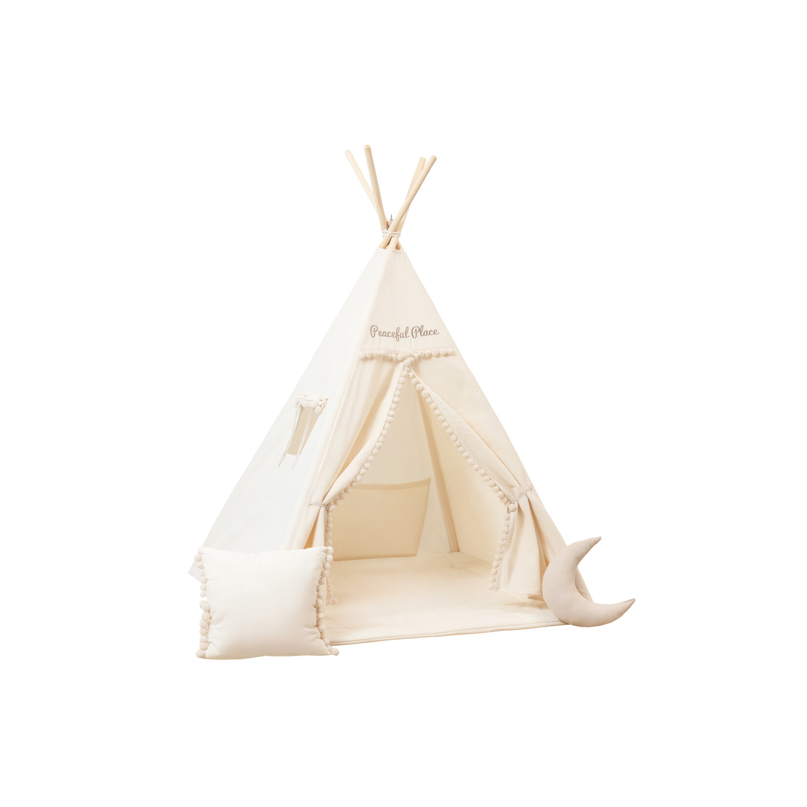 Sowka TIPI tent Beige met pompons Peaceful Place - met accessoires