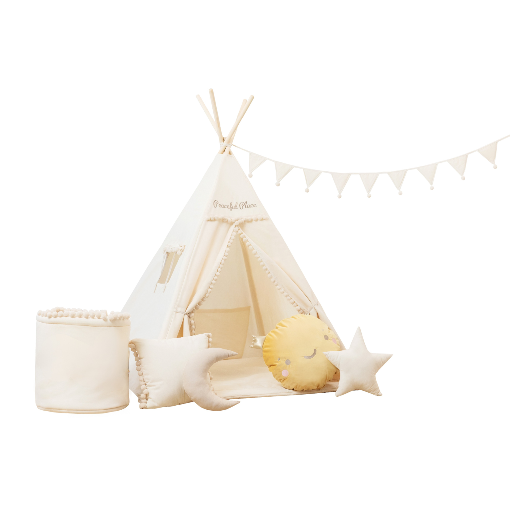 Sowka TIPI tent Beige met pompons Peaceful Place - met accessoires