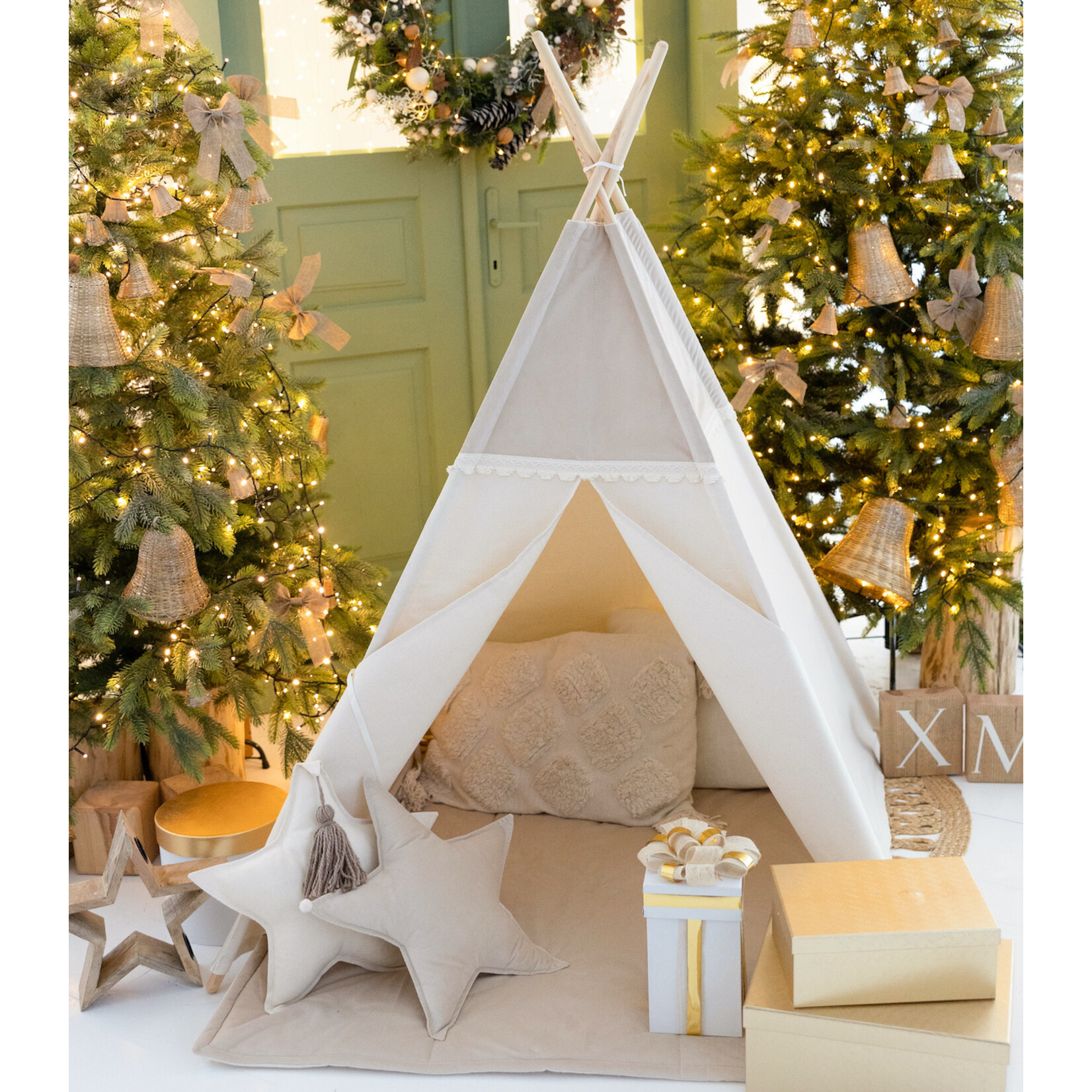 Cozy & Dozy Tipi tent - Beige Velvet - katoen met kanten afwerking