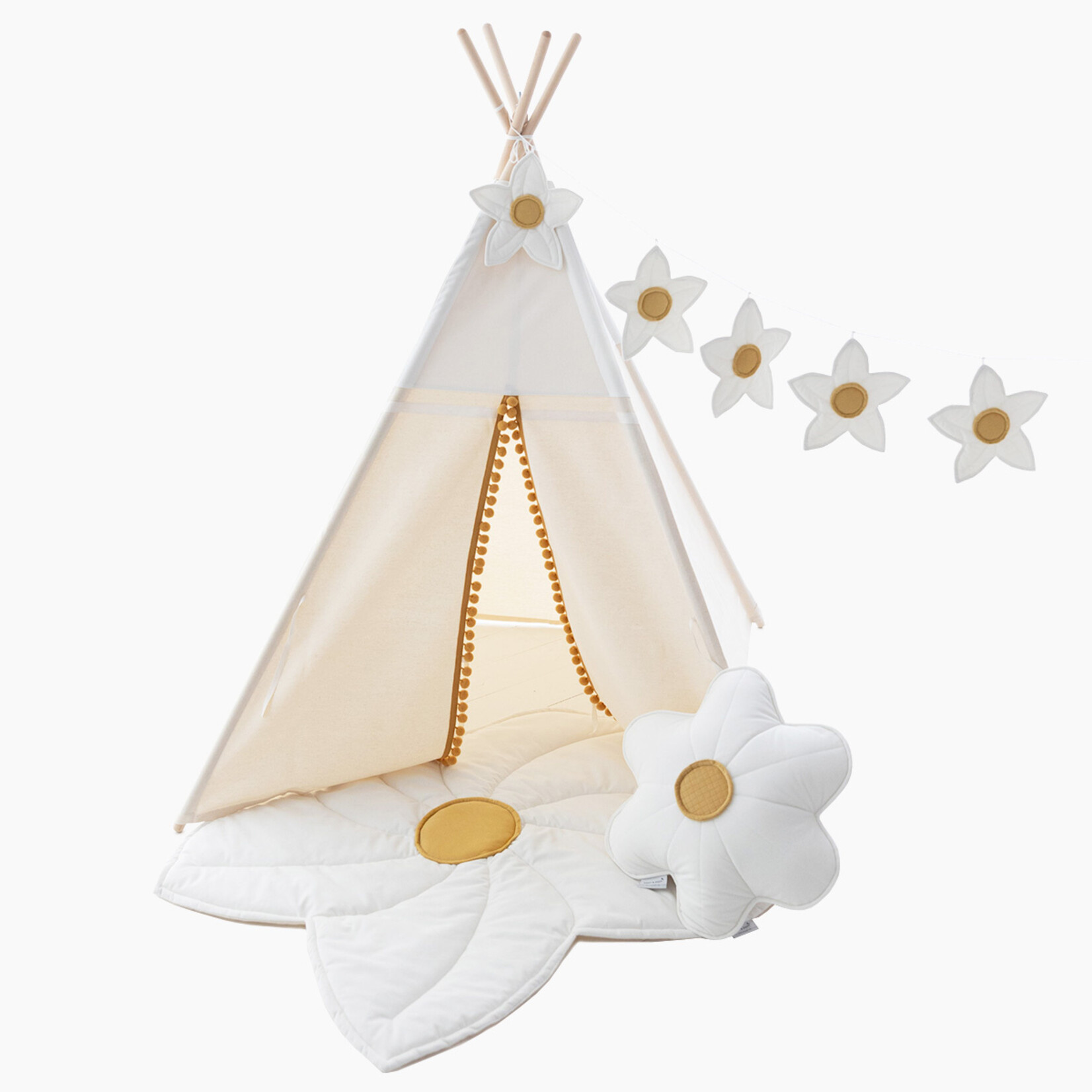 Cozy & Dozy Boho Tipi tent - Cozy White Velvet - crème met pompons - met of zonder velvet speelmat