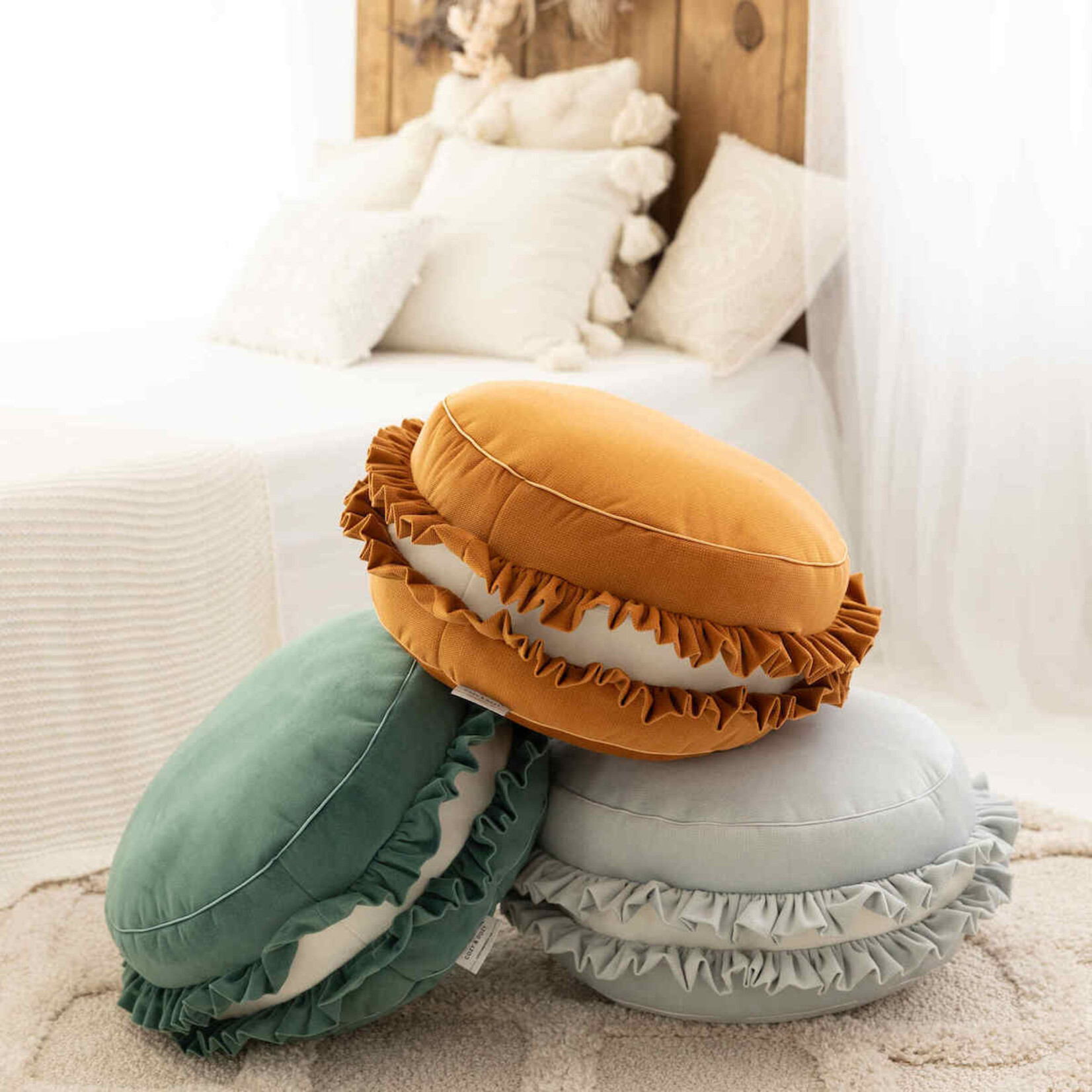 Cozy & Dozy Velvet poef/kussen - Macaron - Groen– zacht zitkussen in de vorm van een koekje