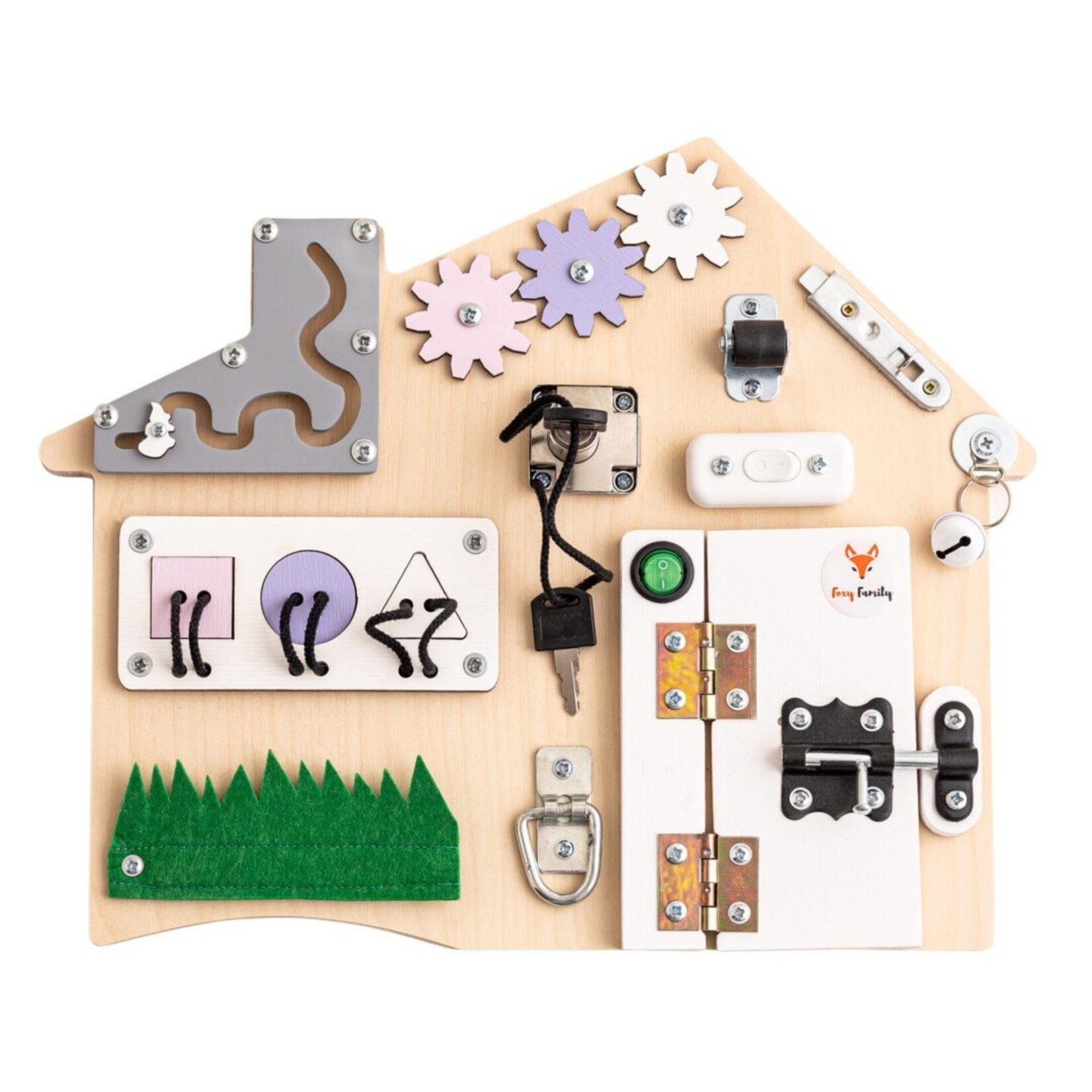 FOXY family Sensorisch Busy Bord - Huisje- Activiteitenbord