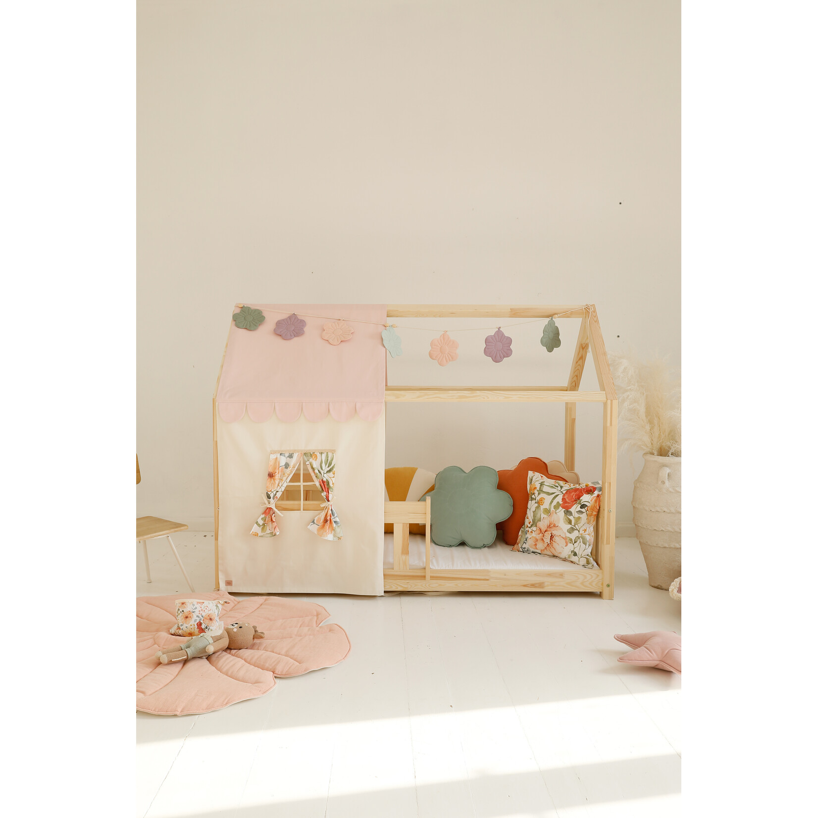 MOI MILI Katoenen tent voor bedhuis – ecru-roze met bloemen