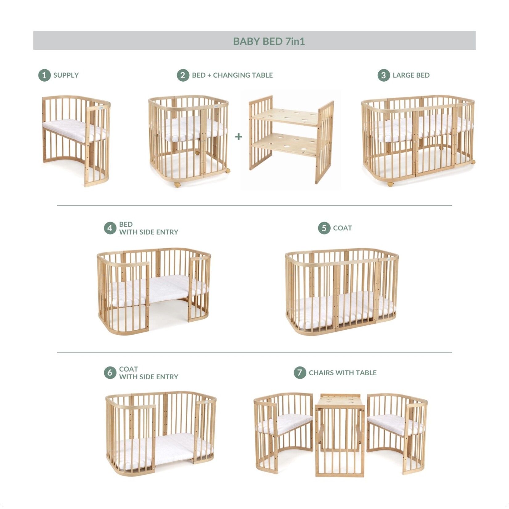 Waldin Multifunctioneel 7 in 1 Babybed / peuterbed Vintage incl. matras