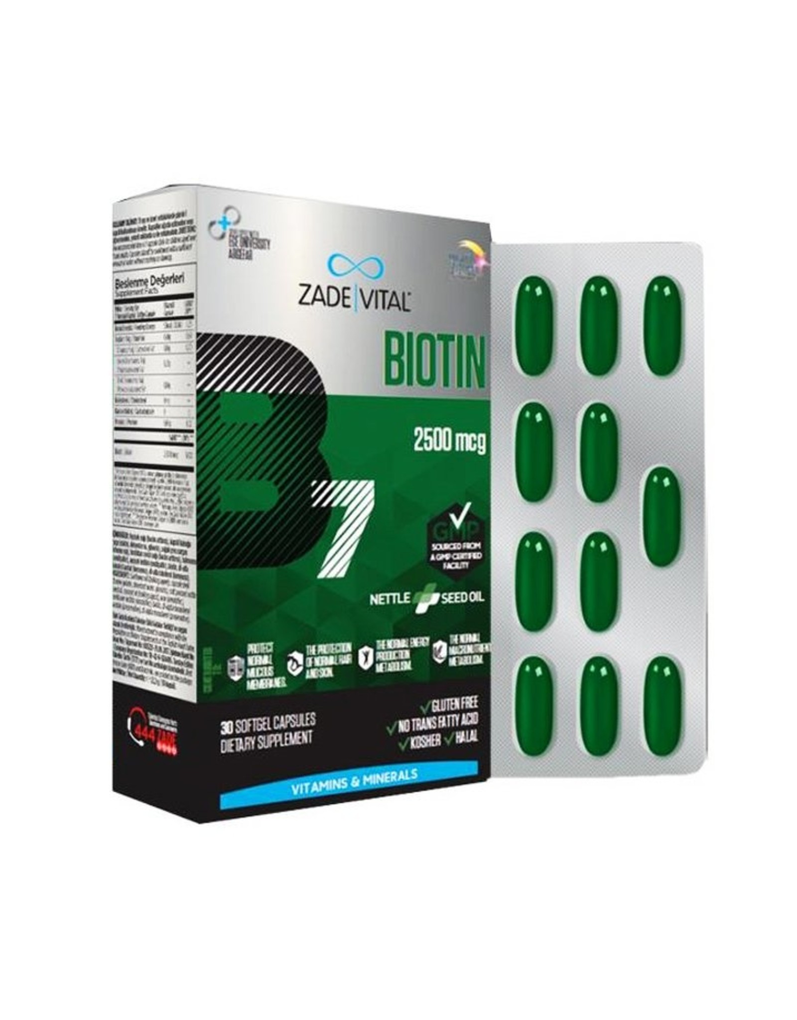 Zade Vital Zade Vital Biotin (vitamine B7) met Brandnetelzaadolie  30 zachte capsules