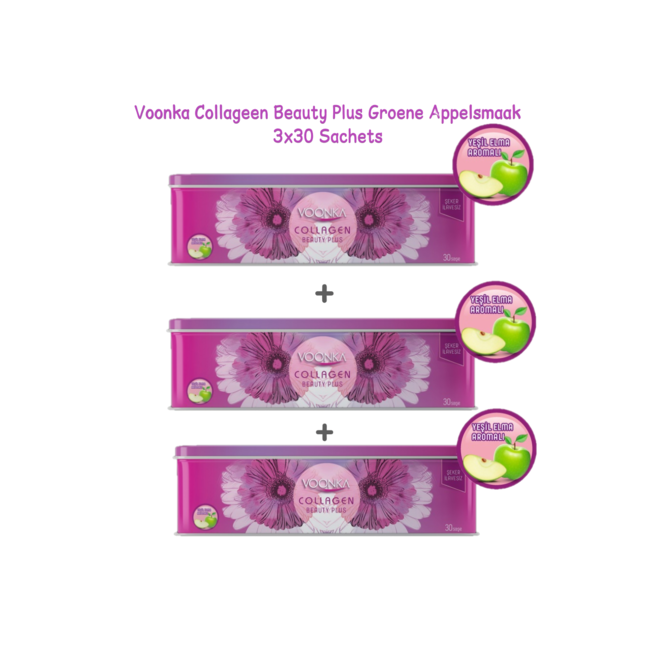 Voonka   Collageen Beauty Plus Groene Appelsmaak voordeelpakket (3x30 Sachets)
