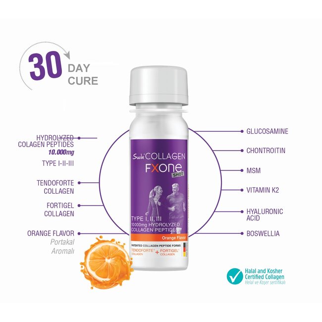 Suda   Collagen FX ONE Shot 30x40 ml Naranja | 10.000 mg Colágeno Tipos I-II-III con FORTIGEL®, TENDOFORTE®, MSM, Glucosamina, Condroitina, Ácido Hialurónico, Vitaminas C, D3, K2 y Zinc